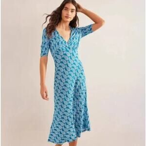Boden Dress Rebecca Jersey Midi Teal Paisley Vneck Empire Waist Ruched Sleeve 4